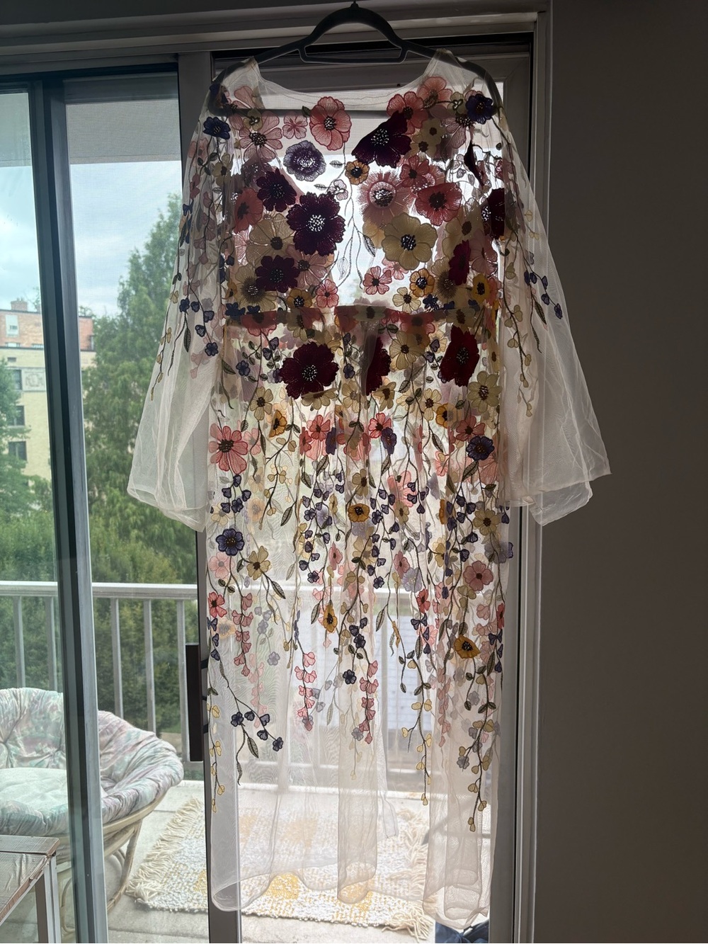 Sheer Floral Embroidered Kimono - White with Multicolor Flowers